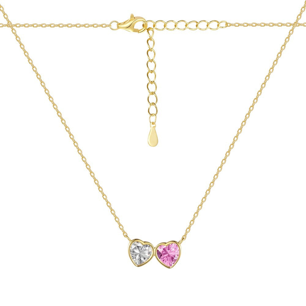 Linlang S925 sterling silver double heart necklace for women, exquisite and cute design, heart-shaped zircon pendant, clavicle chain, simple silver jewelry-Mix MIx Style