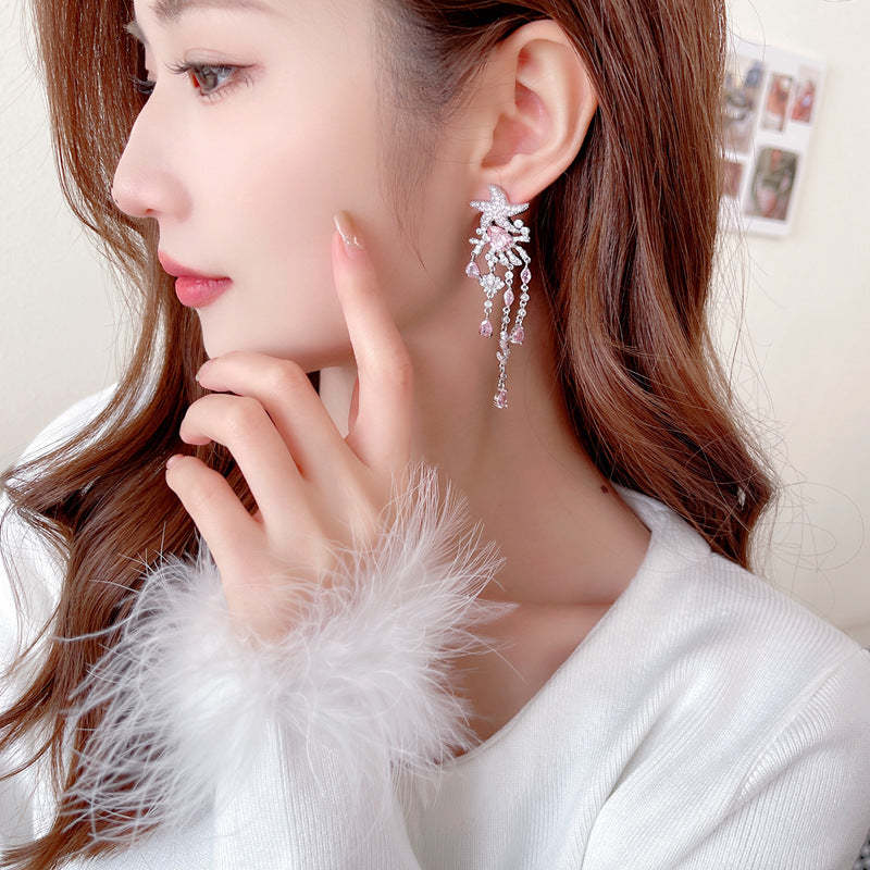 s925 silver needle European and American style light luxury high-end earrings wholesale coral shell starfish water drop long tassel earrings-Mix MIx Style