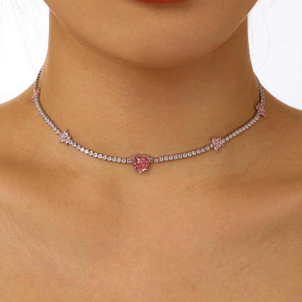S925 sterling silver tennis necklace for women pink crushed ice flower heart-shaped high carbon diamond zircon tennis chain high-end clavicle chain-Mix MIx Style
