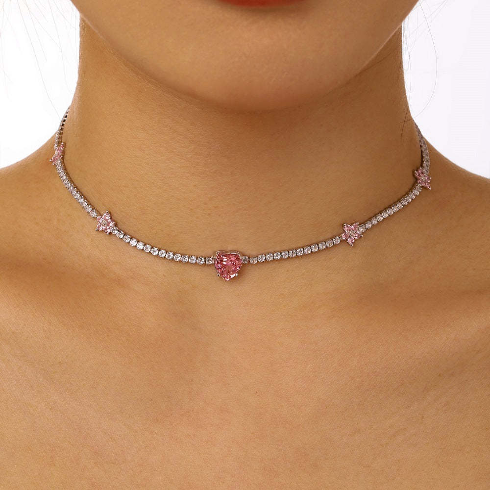 S925 sterling silver tennis necklace for women pink crushed ice flower heart-shaped high carbon diamond zircon tennis chain high-end clavicle chain-Mix MIx Style