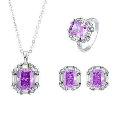 Douyin's best-selling fashion daily style high carbon diamond purple diamond pendant ring 8*10 earrings 6*8 set S925 silver-Mix MIx Style