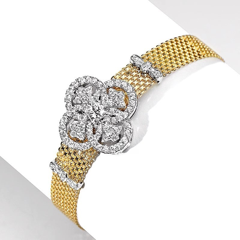 Italian imported lace craft retro palace style four-leaf clover bracelet light luxury high-end two-color gold inlaid diamond female-Mix MIx Style