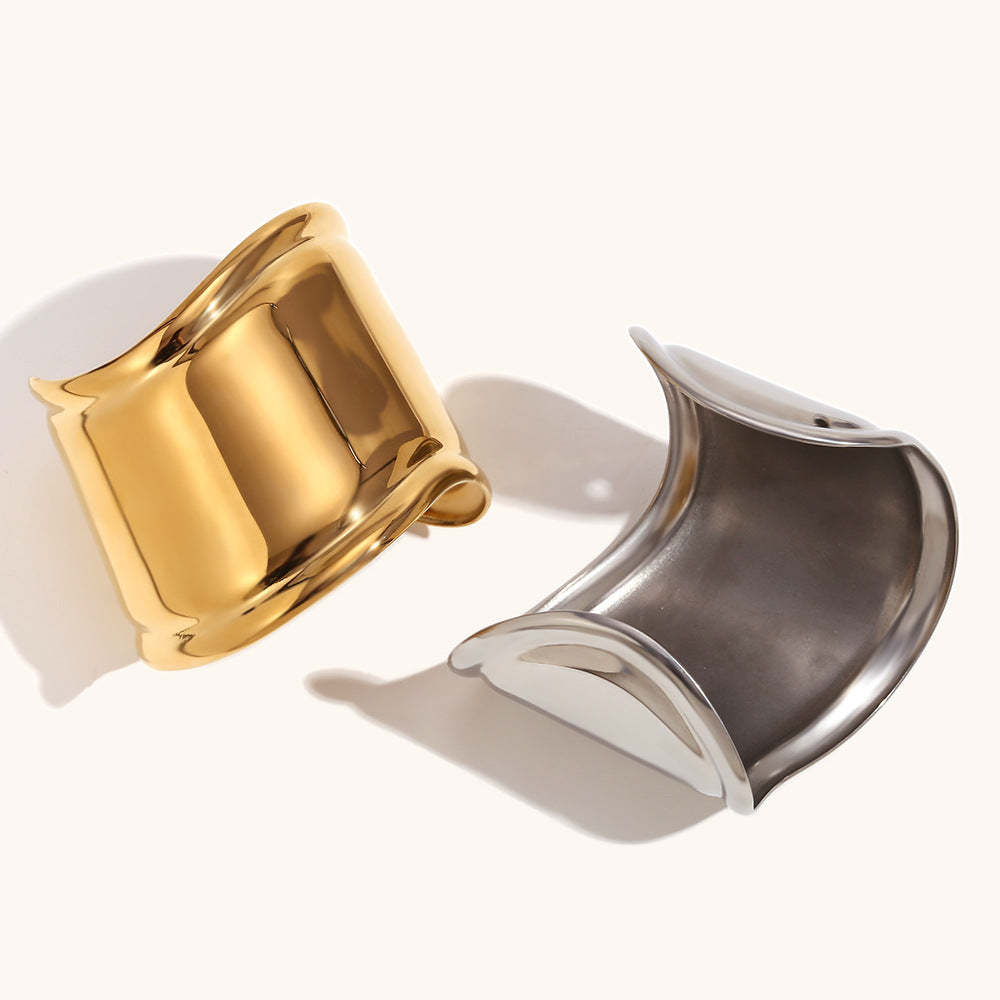 European and American cross-border hot selling simple stainless steel plated 18K gold neutral style exaggerated geometric open wavy wide bracelet-Mix MIx Style