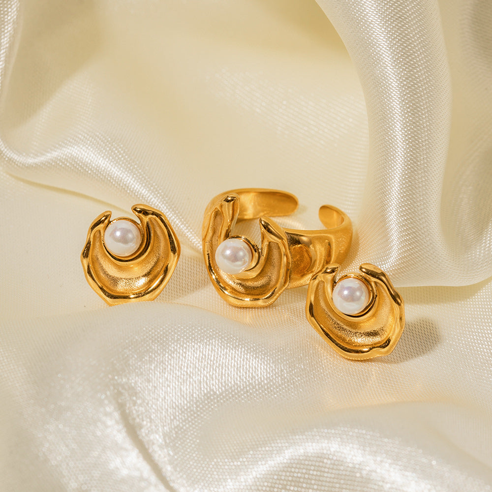 Irregular Retro Classic White Akoya Pearl Elegant 18k Vermeil Gold Plated Earrings & Adjustable Ring Jewelry Set | Mix Mix Style-Mix MIx Style