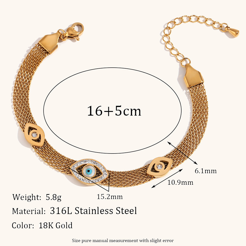 European and American cross-border hot sale three eyes rhinestone braided mesh bracelet stainless steel plated 18K retro fashion hand jewelry-Mix MIx Style