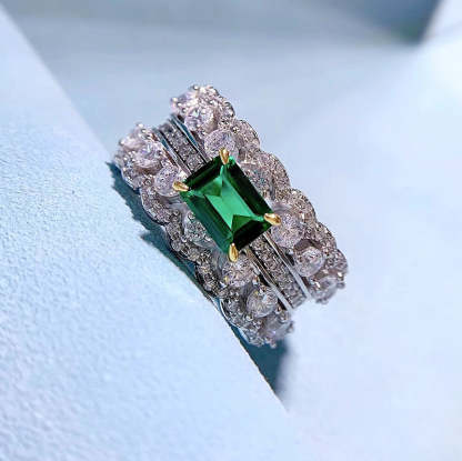 Double Row Luxurious Green Radiant Cut Moissanite Diamond 18k White Gold Plated Engagement Ring | Mix Mix Style-Mix MIx Style