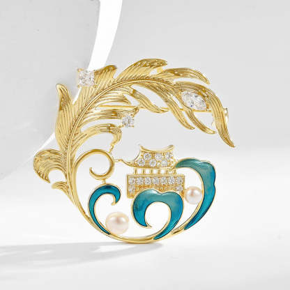 Chinese style pavilion feather elegant luxury brooch light luxury elegant suit coat elegant high-end corsage holiday gift-Mix MIx Style
