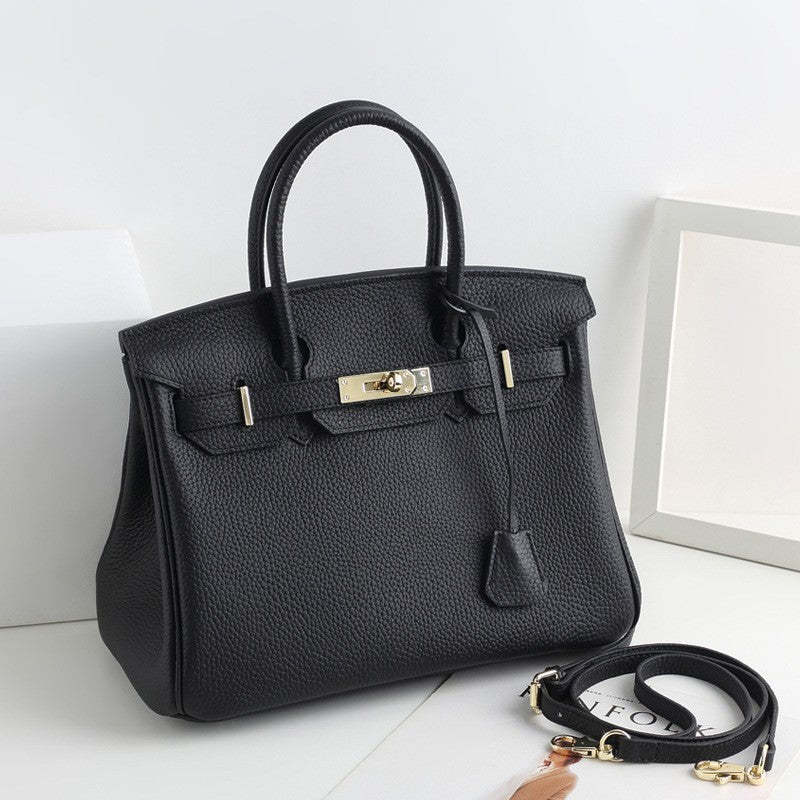 New large-capacity lychee pattern Kelly platinum bag genuine leather first layer cowhide fashionable versatile trendy shoulder handbag-Mix MIx Style