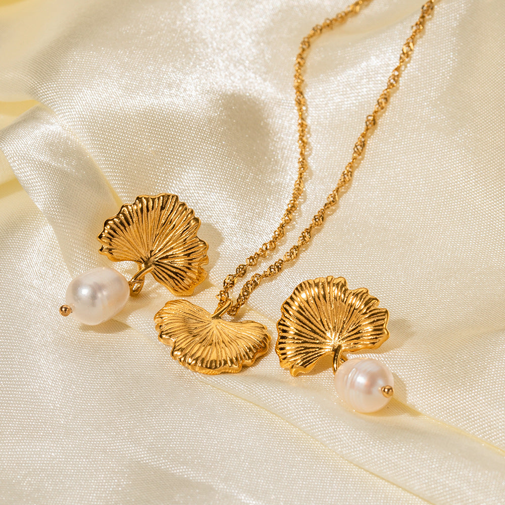 Golden Fan Retro Pendant Akoya Pearl Diamond Luxury 18k Gold Plated Necklace Earrings Jewelry Set | Mix Mix Style-Mix MIx Style