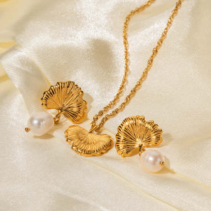 Golden Fan Retro Pendant Akoya Pearl Diamond Luxury 18k Gold Plated Necklace Earrings Jewelry Set | Mix Mix Style-Mix MIx Style