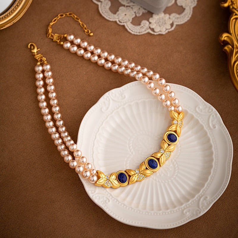 Thick Double-layer Retro Pendant Blue Oval Diamond Elegant 18k Vermeil Gold Plated Necklace Earring Jewelry Set | Mix Mix Style-Mix MIx Style