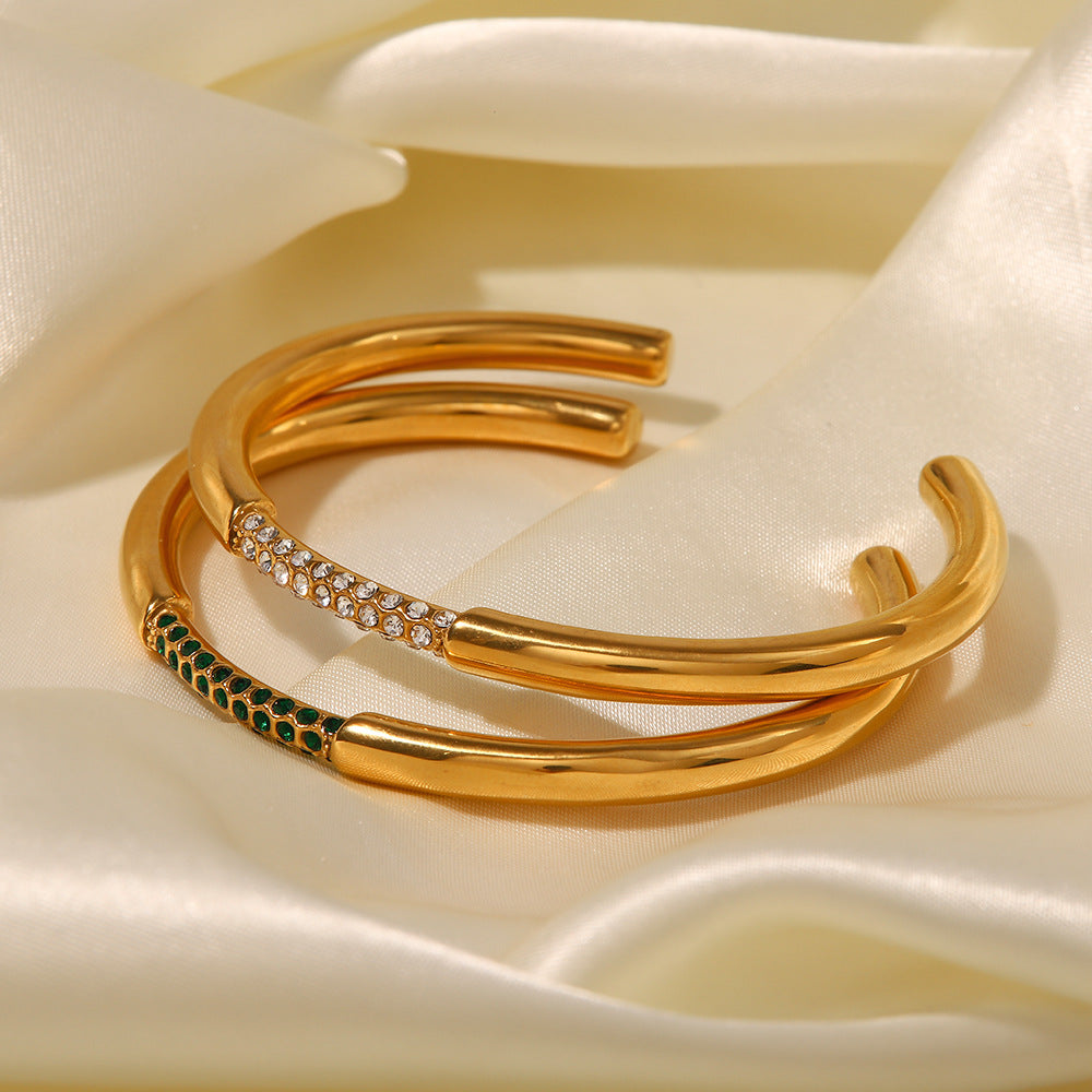 Cross-border INS Internet celebrity design 18K gold stainless steel inlaid green diamond open bracelet vacuum plating trendy hand jewelry-Mix MIx Style