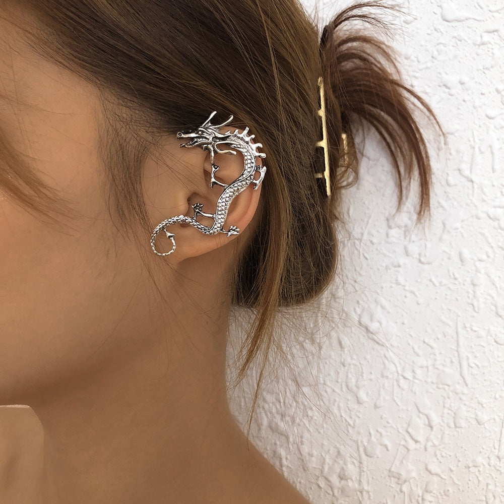Dragon - Rose Motive Moissanite Diamonds 18k White Gold Plated Ear Crawler Earrings | Mix Mix Style-Mix MIx Style
