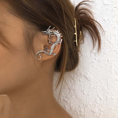 Dragon - Rose Motive Moissanite Diamonds 18k White Gold Plated Ear Crawler Earrings | Mix Mix Style-Mix MIx Style