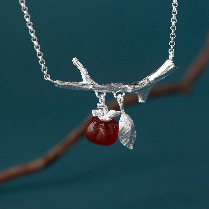 Red Retro Fruit Branch Leaf Pendant Gemstone Elegant 18k Vermeil Gold Plated Necklace Jewelry | Mix Mix Style-Mix MIx Style