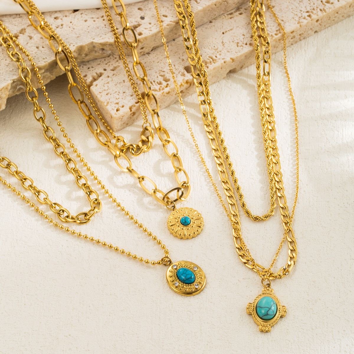 Turquoise Green Vintage Multilayer Chain Pendant RoundCut Gemstone Luxury 18k Veremeil Gold Plated Necklace Jewelry | Mix Mix Style-Mix MIx Style
