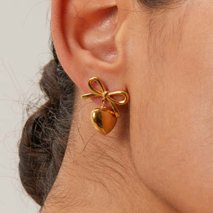 Bow & Heart Glossy Shaped Trendy Elegant 18k Vermeil/White Gold Plated Drop Earrings | Mix Mix Style-Mix MIx Style