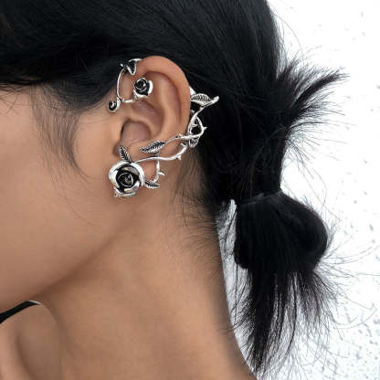 Dragon - Rose Motive Moissanite Diamonds 18k White Gold Plated Ear Crawler Earrings | Mix Mix Style-Mix MIx Style