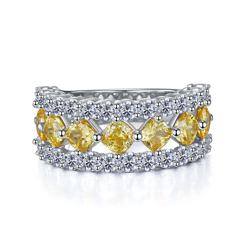 Double Row Yellow Cushion Cut Moissanite Diamonds 18k White Gold Plated Engagement Ring | Mix Mix Style-Mix MIx Style