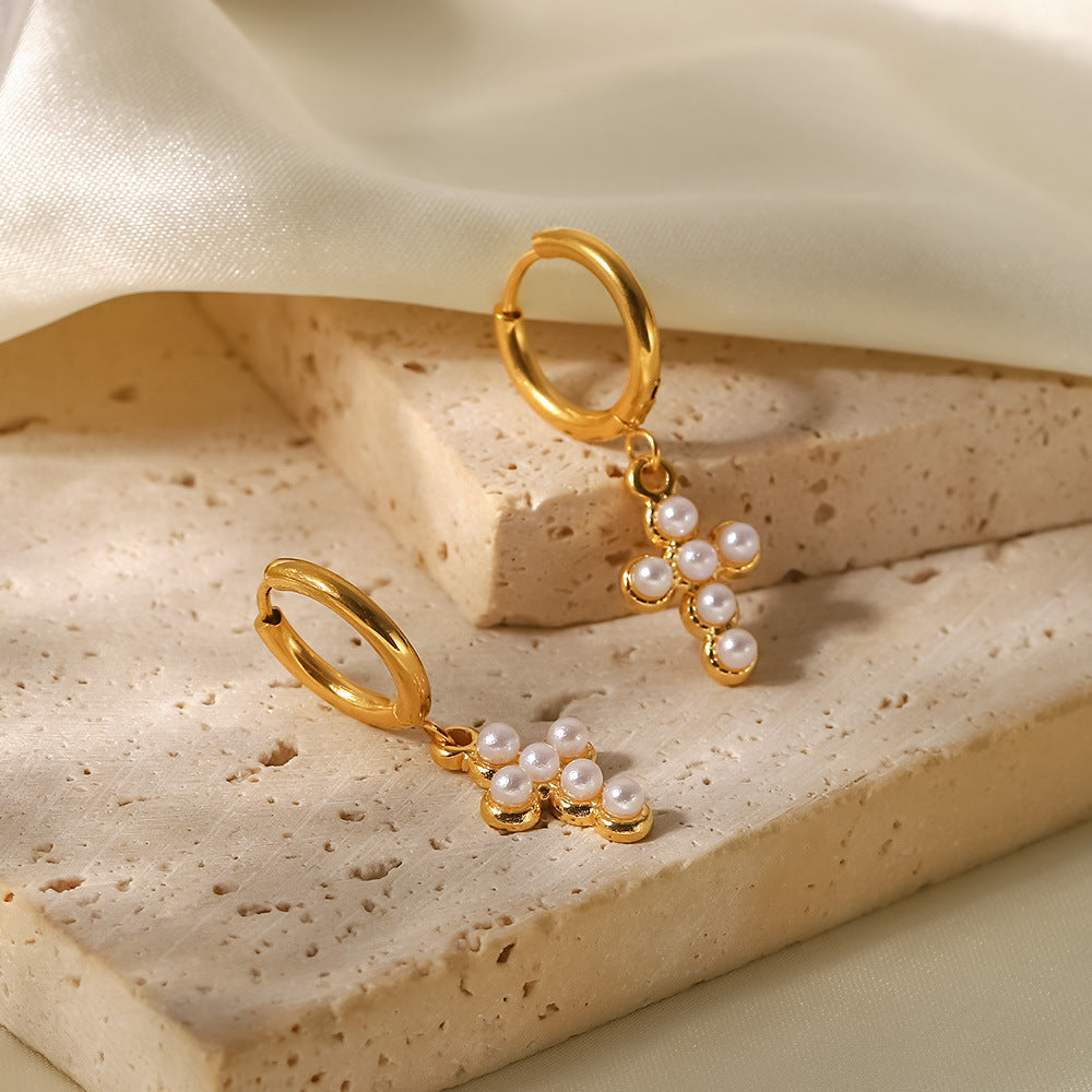 Cross Trendy Akoya Pearl & Moissanite Diamonds 18k Vermeil Gold Plated Vintage Retro Drop Earrings | Mix Mix Style-Mix MIx Style