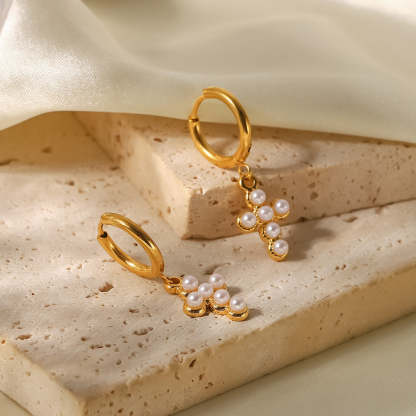 Cross Trendy Akoya Pearl & Moissanite Diamonds 18k Vermeil Gold Plated Vintage Retro Drop Earrings | Mix Mix Style-Mix MIx Style