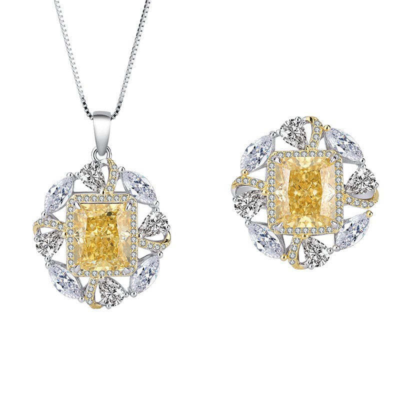 Yellow Vintage Retro Pendant Emerald Cut Diamond 5ct Luxury 18k Gold Plated Necklace & Ring Jewelry Set | Mix Mix Style-Mix MIx Style