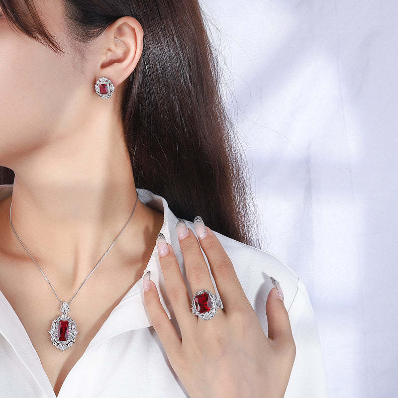 Douyin popular simulation red corundum square set pendant 8*16 ring 12*14 earrings 6*8 silver S925-Mix MIx Style