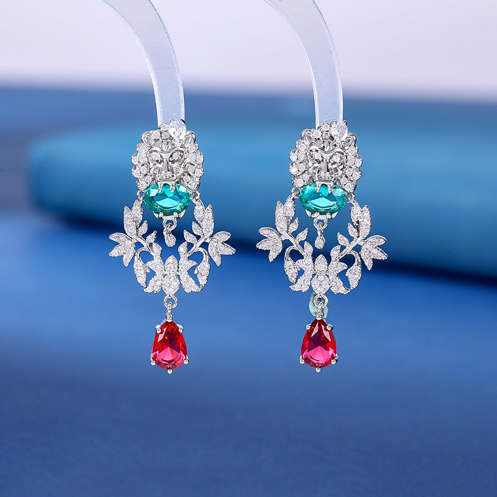 Silver lion head set with zircon water drop gemstone earrings for women S925 silver earrings exquisite luxury heavy industry jewelry-Mix MIx Style