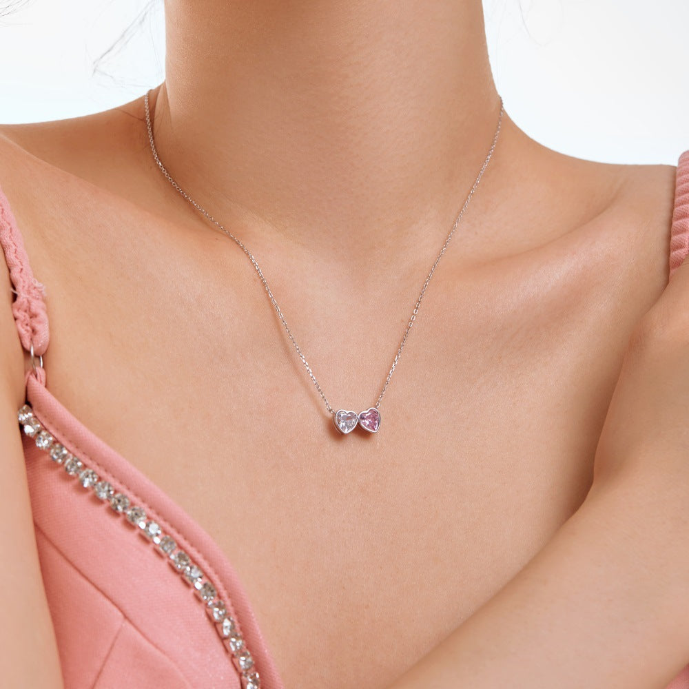 Linlang S925 sterling silver double heart necklace for women, exquisite and cute design, heart-shaped zircon pendant, clavicle chain, simple silver jewelry-Mix MIx Style