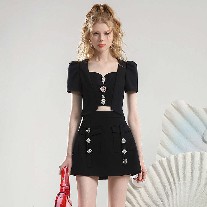 Cool black hot girl commuter suit skirt 24 new summer nail diamond exposed waist short top high waist skirt female-Mix MIx Style