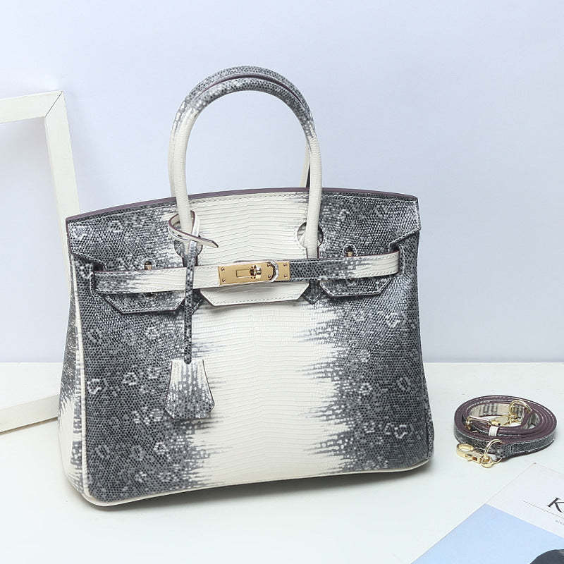 New contrast color lizard pattern platinum bag genuine leather large capacity handbag fashionable and simple women's shoulder bag-Mix MIx Style