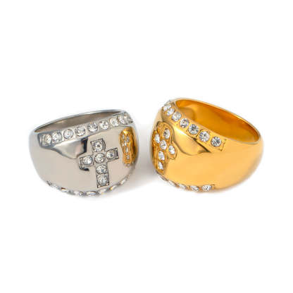 Cross Golden Antique Retro Classic Round Diamonds Elegant Luxury 18k White/Vermeil Gold Plated Ring Jewelry | Mix Mix Style-Mix MIx Style
