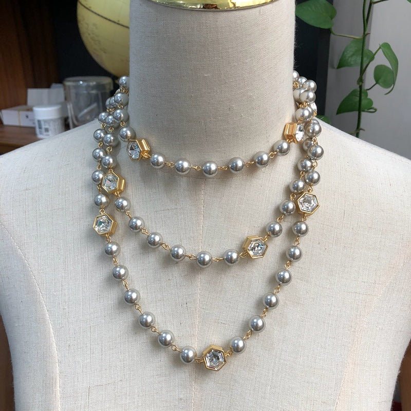 Slver Vintage Classic Multi-Layer Grey/ White PEarls Luxury 18k Gold Plated Long Necklace Jewelry | Mix Mix Style-Mix MIx Style