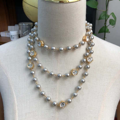 Slver Vintage Classic Multi-Layer Grey/ White PEarls Luxury 18k Gold Plated Long Necklace Jewelry | Mix Mix Style-Mix MIx Style