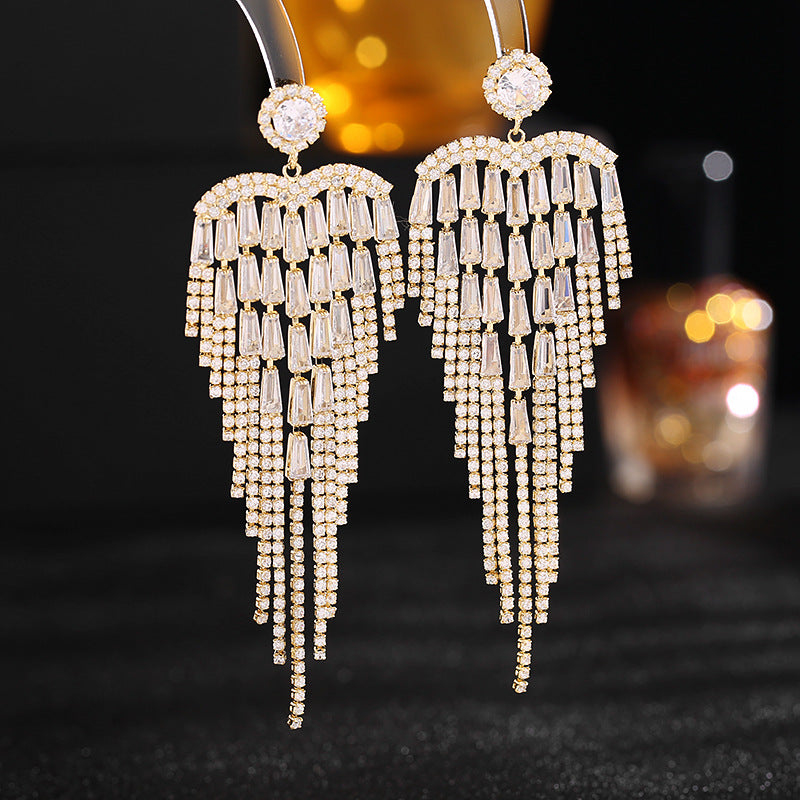 Light luxury style high-end Korean style earrings wholesale exaggerated and long style super flash zircon claw chain love tassel earrings-Mix MIx Style