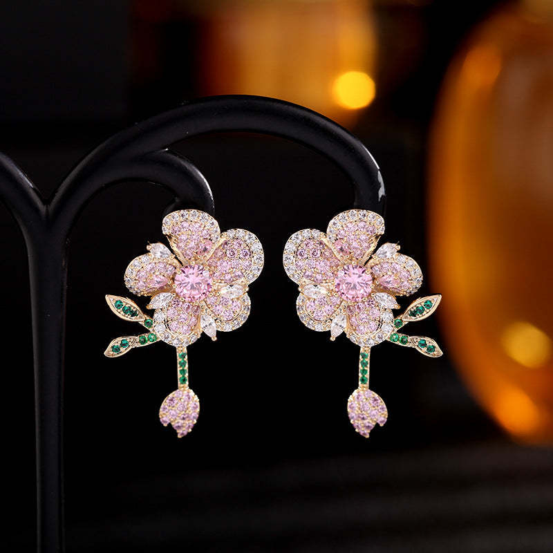 Earrings Korea Heavy Industry Micro-paved Colored Zircon Smart Leaf Temperament Earrings 925 Silver Needle Three-dimensional Flower Earrings-Mix MIx Style