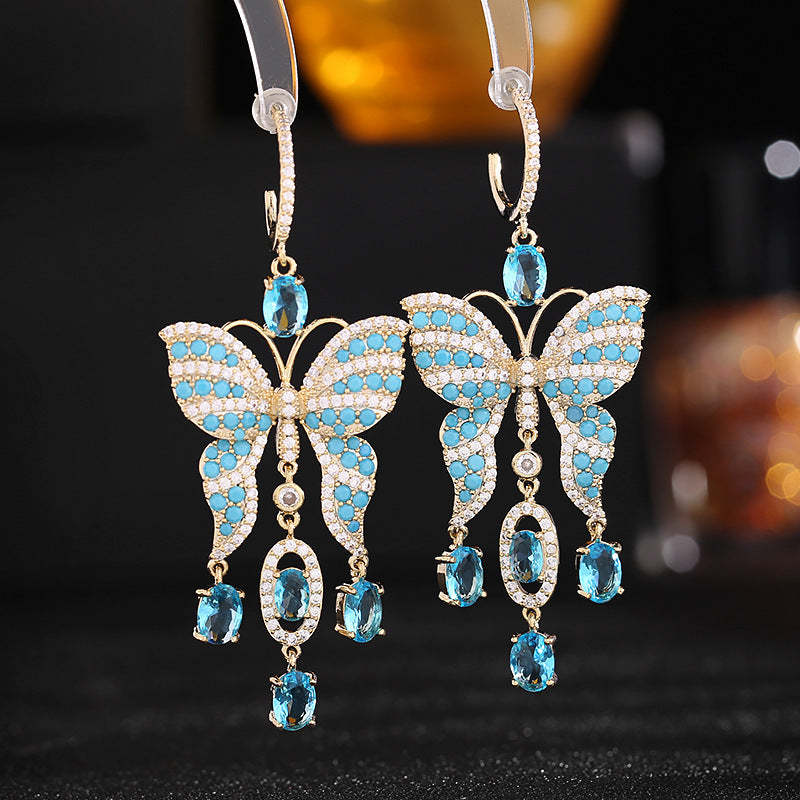 Micro-inlaid zircon light luxury fashion super fairy temperament long butterfly tassel earrings exaggerated atmosphere heavy earrings wholesale-Mix MIx Style
