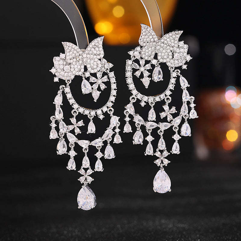 s925 silver needle exaggerated atmosphere heavy earrings wholesale color zircon inlaid flower butterfly water drop tassel earrings-Mix MIx Style