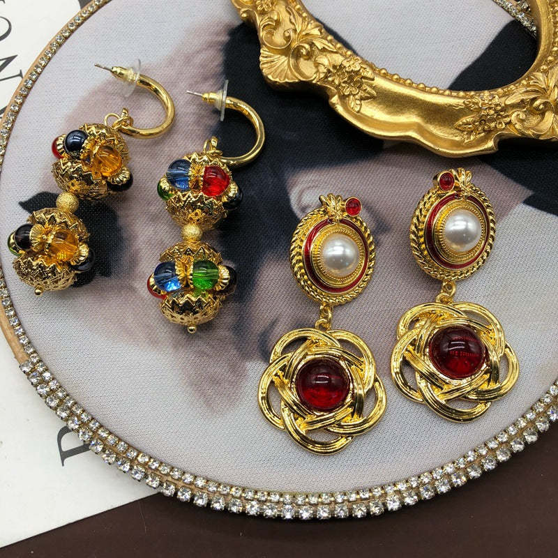 Embelished Red - Multicolor Akoya Pearl & Moissanite Diamonds Elegant 18k Vermeil Gold Plated Drop Earrings | Mix Mix Style-Mix MIx Style