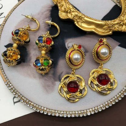 Embelished Red - Multicolor Akoya Pearl & Moissanite Diamonds Elegant 18k Vermeil Gold Plated Drop Earrings | Mix Mix Style-Mix MIx Style