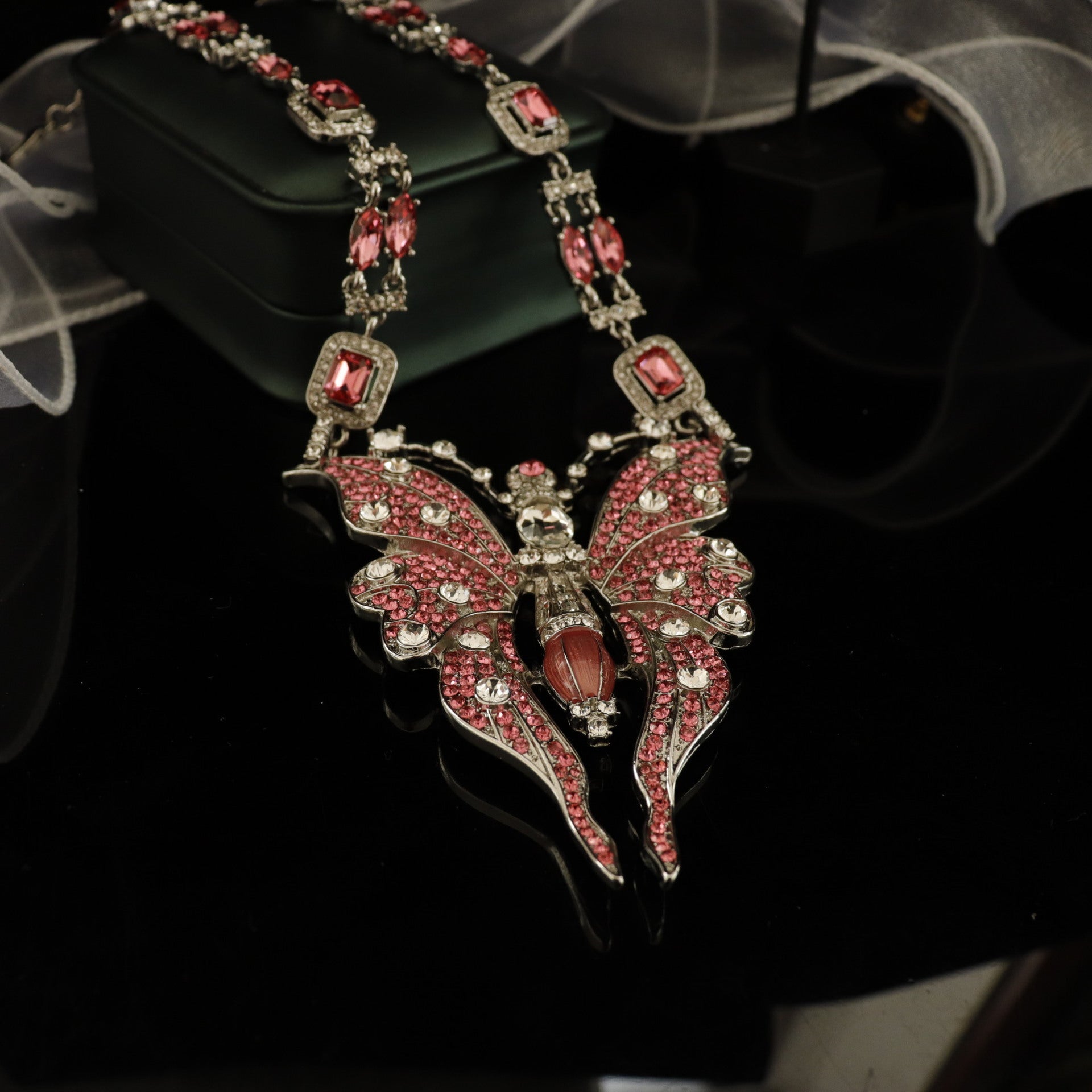 Pink Big Butterfly Retro Classic Pendant Cushion Cut Diamonds Luxury 18k Gold Plated Necklace & Drop Earrings Jewelry Set | Mix Mix Style-Mix MIx Style