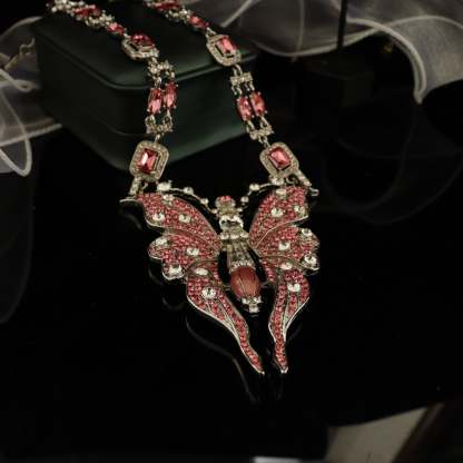 Pink Big Butterfly Retro Classic Pendant Cushion Cut Diamonds Luxury 18k Gold Plated Necklace & Drop Earrings Jewelry Set | Mix Mix Style-Mix MIx Style