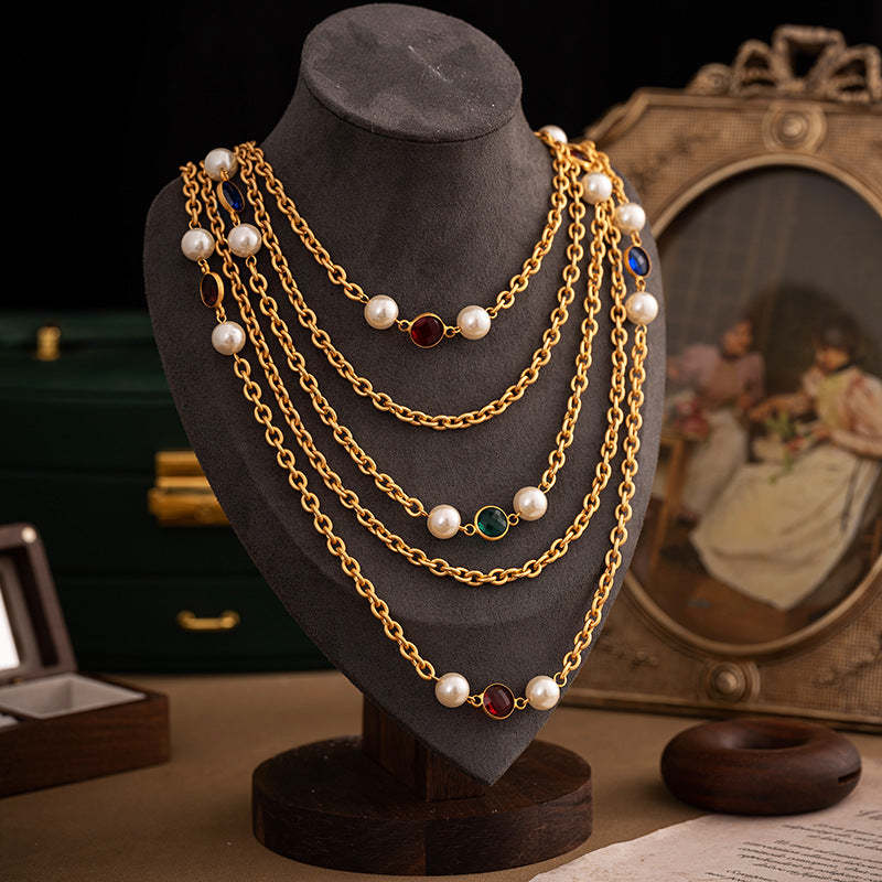 Multi-layer Classic Pendant Akoya Pearl & Diamonds 18k Gold Plated Necklace Earring Bracelet Jewelry Set | Mix Mix Style-Mix MIx Style