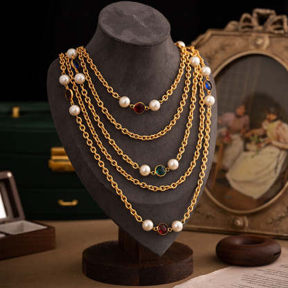 Multi-layer Classic Pendant Akoya Pearl & Diamonds 18k Gold Plated Necklace Earring Bracelet Jewelry Set | Mix Mix Style-Mix MIx Style