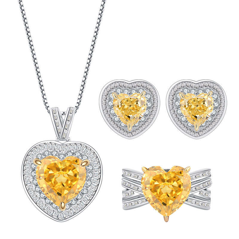 S925 Silver High Carbon Diamond Radiant Yellow Diamond Heart Shape Women's Ring Necklace Earrings Set Jewelry Women's Accessories-Mix MIx Style