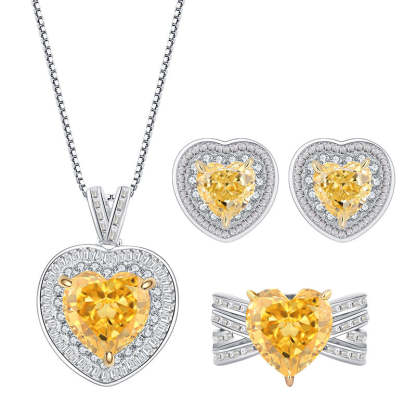 S925 Silver High Carbon Diamond Radiant Yellow Diamond Heart Shape Women's Ring Necklace Earrings Set Jewelry Women's Accessories-Mix MIx Style