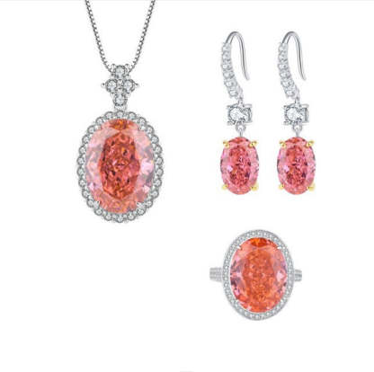 New European and American high carbon diamond padparadscha pendant 13*18 ring 12*16 earrings 8*12 set S925 silver-Mix MIx Style