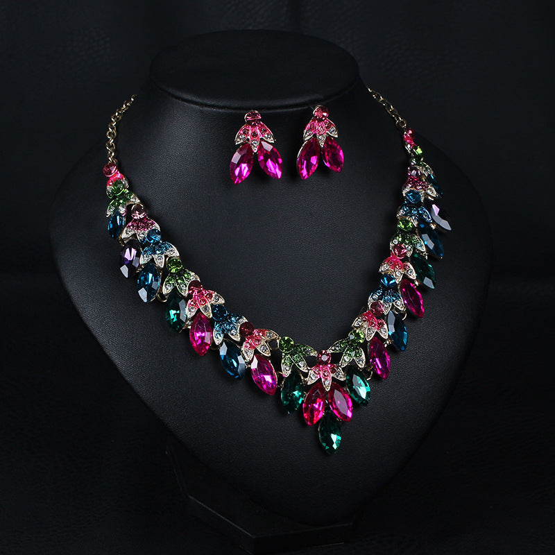 Pink Multicolor Retro Classic Marquise Diamonds Luxury 18k Gold Plated Necklace & Earrings Jewelry Set | Mix Mix Style-Mix MIx Style
