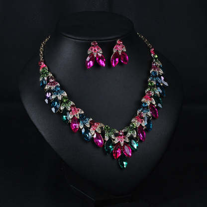 Pink Multicolor Retro Classic Marquise Diamonds Luxury 18k Gold Plated Necklace & Earrings Jewelry Set | Mix Mix Style-Mix MIx Style
