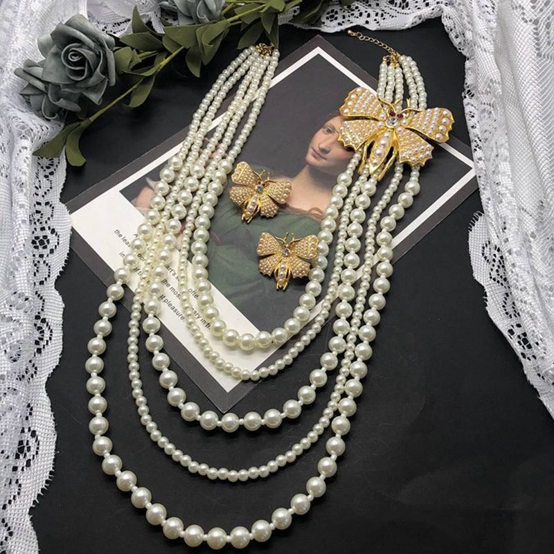 White Golden Butterfly Vintage Multi-layer Pendant Akoya Pearl Diamond Luxury 18k Gold Plated Necklace Earrings Jewelry Set | Mix Mix Style-Mix MIx Style
